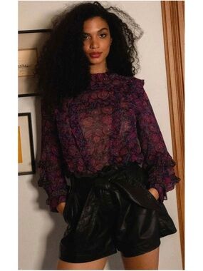 Anthropologie Cleobella Fiorella Bordeaux Floral Ruffle Woven Blouse Purple Med